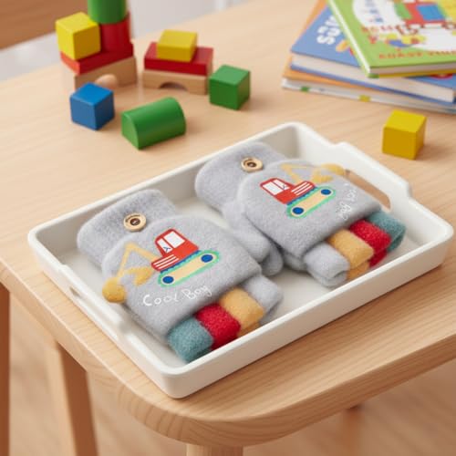 SOLDTRUE Baby Wool Soft Gloves | Mini Buldozor Design 2-in-1 Convertible Full & Half Finger Mittens | Warm, Windproof & Winter Gloves for Kids 4-9 Years, Ideal for Christmas & Birthday (Grey) - Image 4