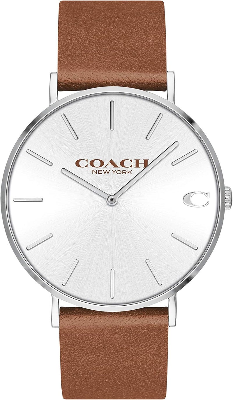 Coach Men's Silver White Dial Brown Calfskin Watch - Model 14602152 - Image 1