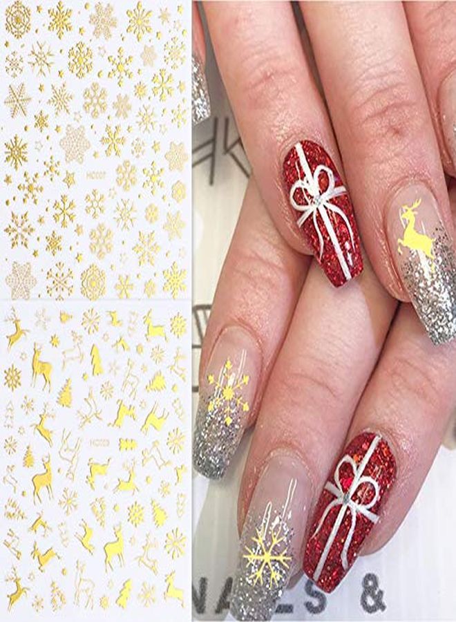 Christmas Nail Art Stickers 3D Gold Xmas Design Nail Decals SelfAdhesive Christmas Nail Sticker Santa Claus Snowflake Snowman Bell Tree Stick Elk Stickers For Christmas Nail Decorations (8 Sheets)