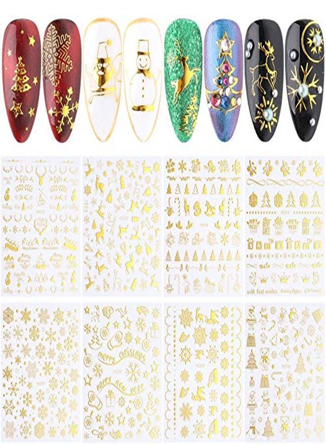 Christmas Nail Art Stickers 3D Gold Xmas Design Nail Decals SelfAdhesive Christmas Nail Sticker Santa Claus Snowflake Snowman Bell Tree Stick Elk Stickers For Christmas Nail Decorations (8 Sheets)