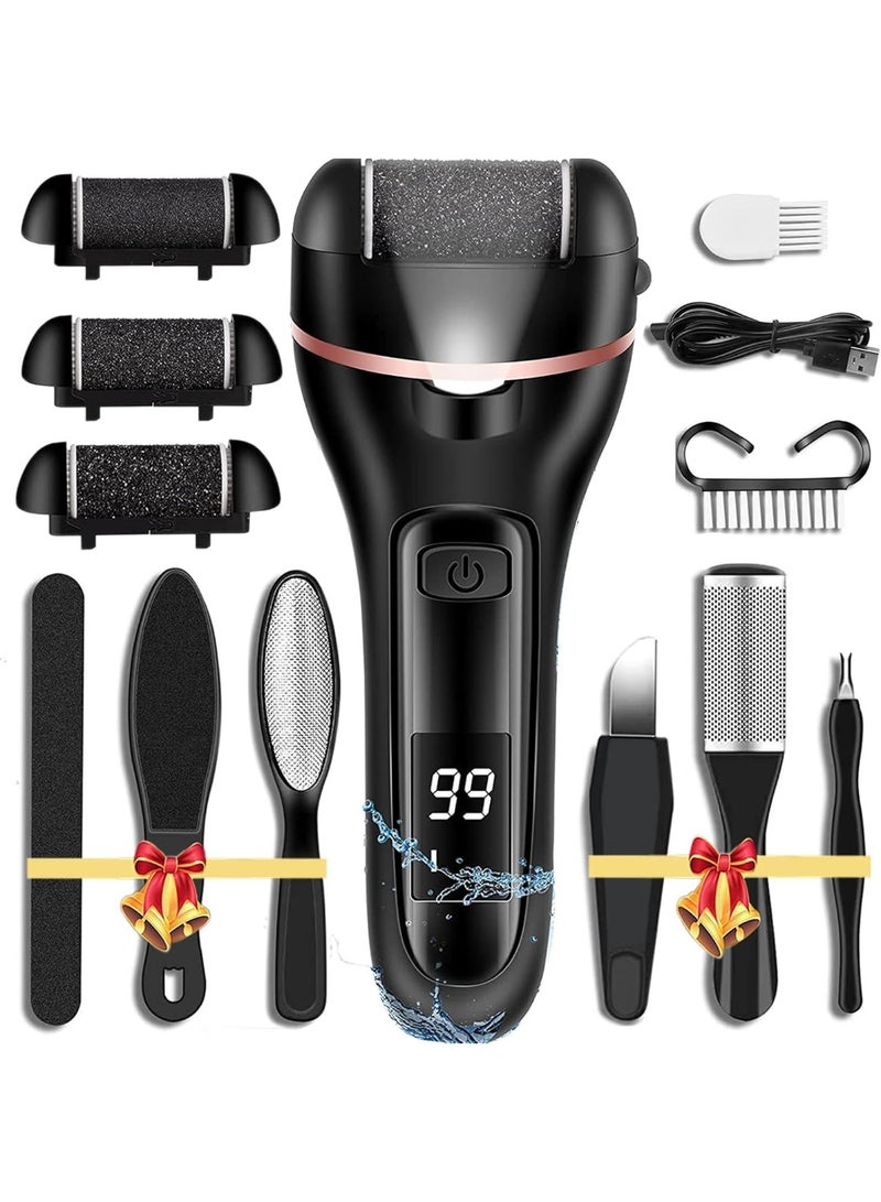 إزالة الكالوس للقدمين، 13-في-1 المهنية أدوات العناية بالأقدام مجموعة العناية بالأقدام، القدم فرش القدم ملف الكهربائي بيدي للبشرة الميتة الجافة المتشققة الصلبة، 3 بكرات، 2 سرعة، عرض البطارية (أسود) - Image 1