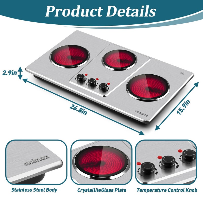 Cusimax Hot Plate Electric,Countertop Infrared Triple Burner with 7â€³ Ceramic Glass Cooktop,Electric Hot Plate for Cooking,11 Level Temperature Setting - Image 5