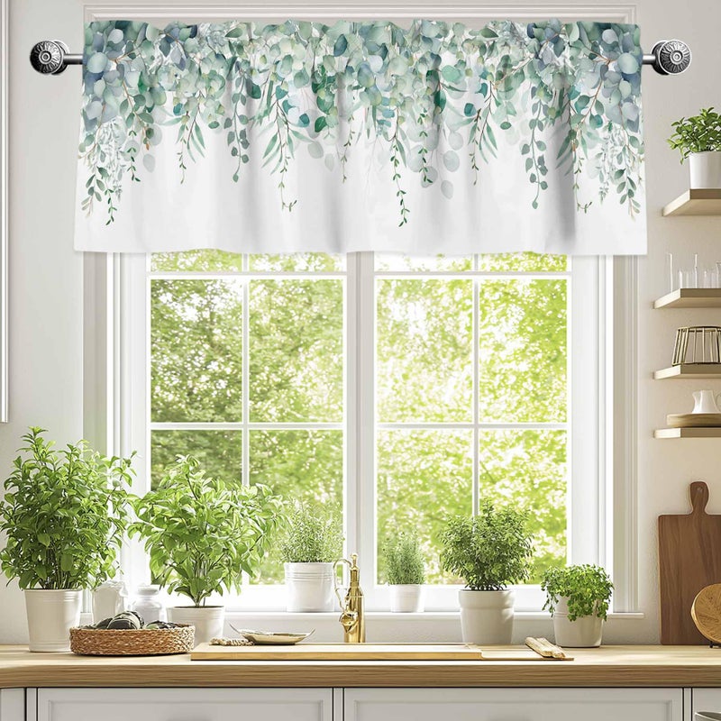 TweetyBed Sage Green Eucalyptus Curtain Valance for Windows Rod Pocket Valance Window Treatments 1 Panel Watercolor Leaves Short Curtains for Kitchen Windows Bathroom Bedroom 42x12in - Image 2
