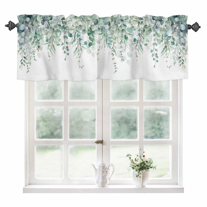 TweetyBed Sage Green Eucalyptus Curtain Valance for Windows Rod Pocket Valance Window Treatments 1 Panel Watercolor Leaves Short Curtains for Kitchen Windows Bathroom Bedroom 42x12in - Image 1
