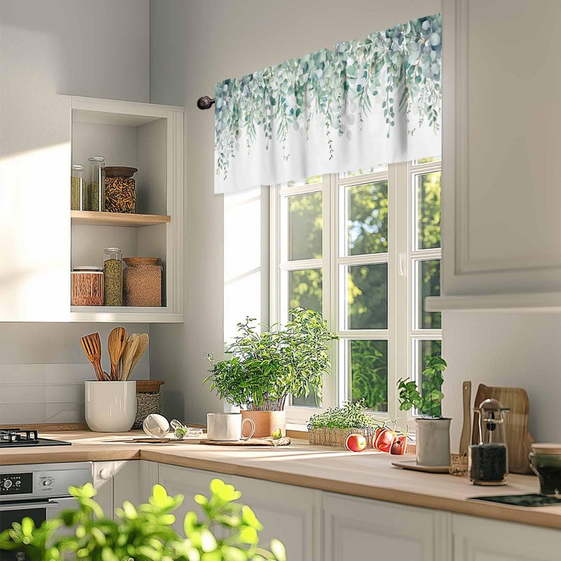 TweetyBed Sage Green Eucalyptus Curtain Valance for Windows Rod Pocket Valance Window Treatments 1 Panel Watercolor Leaves Short Curtains for Kitchen Windows Bathroom Bedroom 42x12in - Image 3