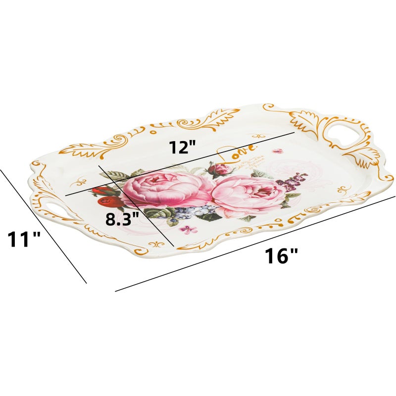 DEAYOU 3-Pack Melamine Serving Tray, Stackable Food Tray with Handles for Eating, Unbreakable Large Serving Platter with Floral Print for Gift, Party, Decor, Home, Restaurant, 16"L x 11"W, Rectangle - Image 2