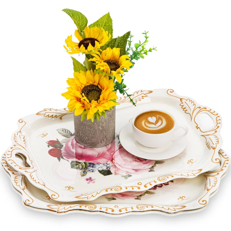 DEAYOU 3-Pack Melamine Serving Tray, Stackable Food Tray with Handles for Eating, Unbreakable Large Serving Platter with Floral Print for Gift, Party, Decor, Home, Restaurant, 16"L x 11"W, Rectangle - Image 4