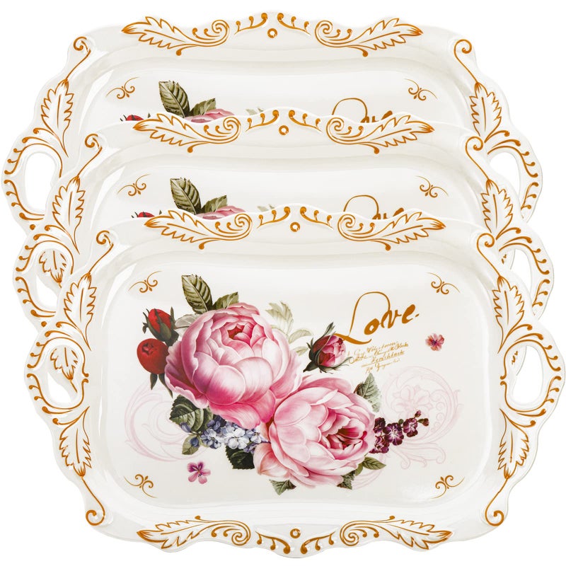 DEAYOU 3-Pack Melamine Serving Tray, Stackable Food Tray with Handles for Eating, Unbreakable Large Serving Platter with Floral Print for Gift, Party, Decor, Home, Restaurant, 16"L x 11"W, Rectangle - Image 3