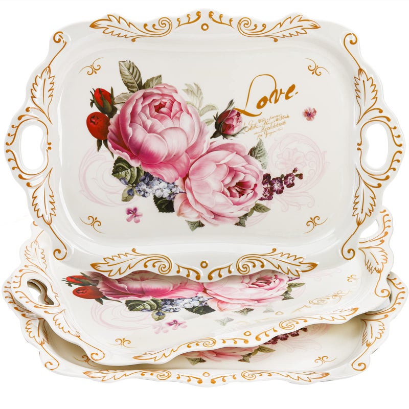 DEAYOU 3-Pack Melamine Serving Tray, Stackable Food Tray with Handles for Eating, Unbreakable Large Serving Platter with Floral Print for Gift, Party, Decor, Home, Restaurant, 16"L x 11"W, Rectangle - Image 1