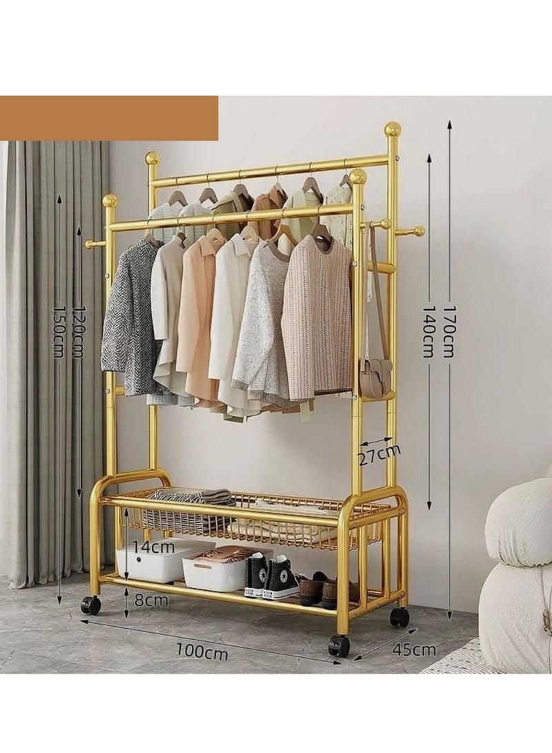 Living Luxury Gold Metal Double Rod Clothes Rack with Wheels and Dual Storage Shelves 170 x 100 x 45 cm  - Image 1