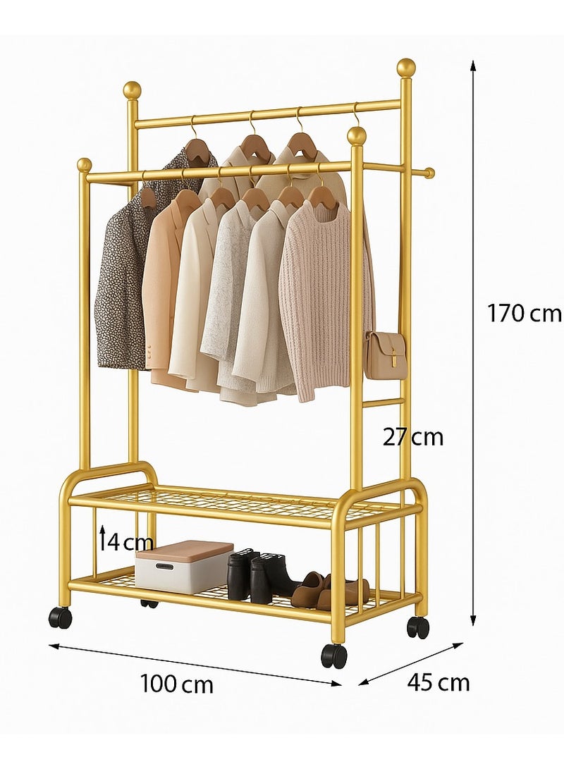 Living Luxury Gold Metal Double Rod Clothes Rack with Wheels and Dual Storage Shelves 170 x 100 x 45 cm  - Image 2