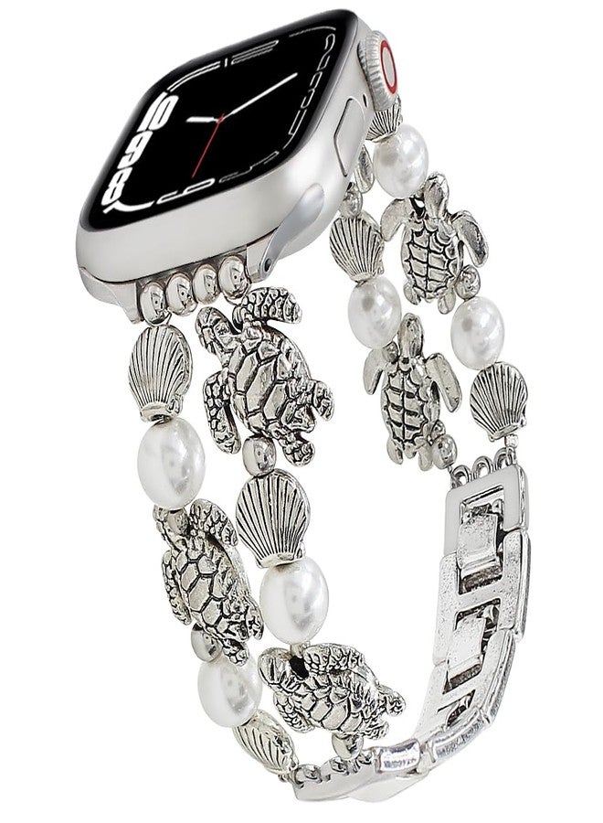 YONWORTH Pearl Beaded Band Compatible with Apple Watch Bands Women 40 41 38 42mm(S10),Tropical Bracelet Sea Turtle Starfish Shell Palm Tree Strap for iWatch Series 10 9 8 7 6 5 4 3-1 Ultra SE (Sea Turtle/Silver,38mm) - Image 1