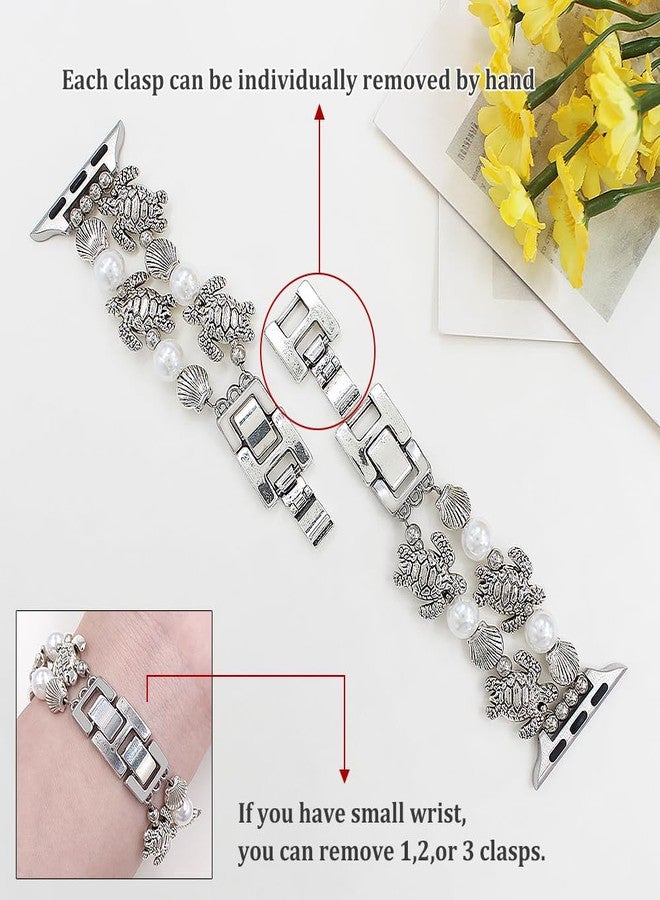 YONWORTH Pearl Beaded Band Compatible with Apple Watch Bands Women 40 41 38 42mm(S10),Tropical Bracelet Sea Turtle Starfish Shell Palm Tree Strap for iWatch Series 10 9 8 7 6 5 4 3-1 Ultra SE (Sea Turtle/Silver,38mm) - Image 2