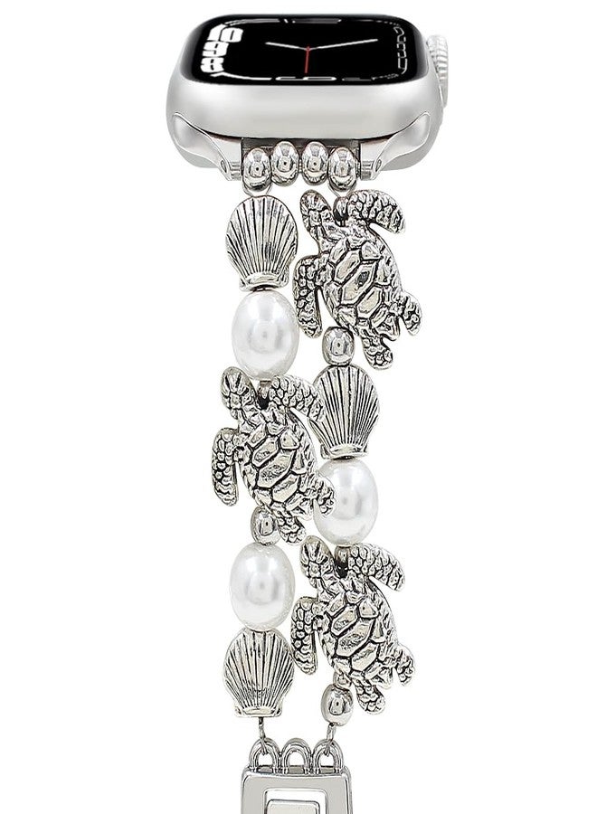 YONWORTH Pearl Beaded Band Compatible with Apple Watch Bands Women 40 41 38 42mm(S10),Tropical Bracelet Sea Turtle Starfish Shell Palm Tree Strap for iWatch Series 10 9 8 7 6 5 4 3-1 Ultra SE (Sea Turtle/Silver,38mm) - Image 4