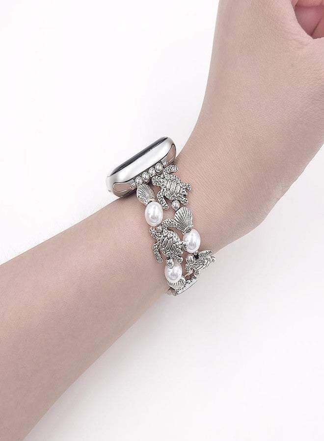 YONWORTH Pearl Beaded Band Compatible with Apple Watch Bands Women 40 41 38 42mm(S10),Tropical Bracelet Sea Turtle Starfish Shell Palm Tree Strap for iWatch Series 10 9 8 7 6 5 4 3-1 Ultra SE (Sea Turtle/Silver,38mm) - Image 5