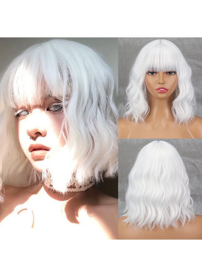 MISSQUEEN - Short White Wig With Bangs Wavy White Hair Wigs For Women Synthetic Wavy Bob White Shoulder Length Wigs Natural Looking Heat Resistant Fiber Wig For Daily Party Cosplay Use - Image 1
