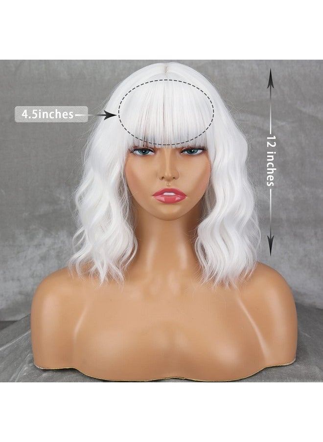 MISSQUEEN - Short White Wig With Bangs Wavy White Hair Wigs For Women Synthetic Wavy Bob White Shoulder Length Wigs Natural Looking Heat Resistant Fiber Wig For Daily Party Cosplay Use - Image 1