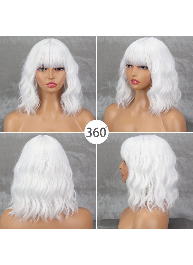 MISSQUEEN - Short White Wig With Bangs Wavy White Hair Wigs For Women Synthetic Wavy Bob White Shoulder Length Wigs Natural Looking Heat Resistant Fiber Wig For Daily Party Cosplay Use - Image 1