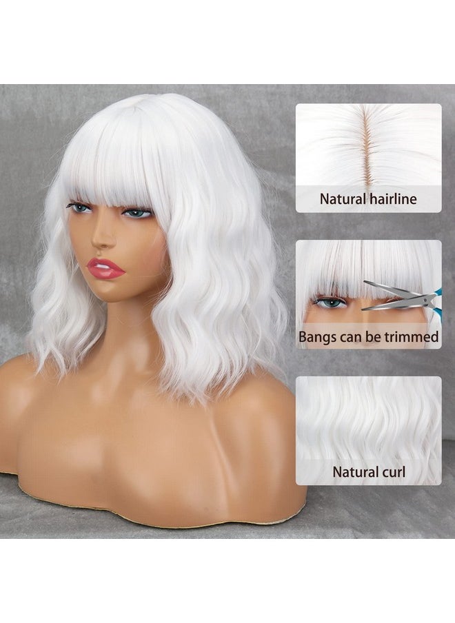 MISSQUEEN - Short White Wig With Bangs Wavy White Hair Wigs For Women Synthetic Wavy Bob White Shoulder Length Wigs Natural Looking Heat Resistant Fiber Wig For Daily Party Cosplay Use - Image 1