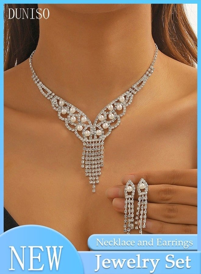 DUNISO Bride Necklace and Earrings Set Pearl and Full Diamond Necklace Crystal Earrings Wedding Bridal Bridesmaid Costume Jewelry Set for Women and Girls Dress Accessories 2 Pcs 