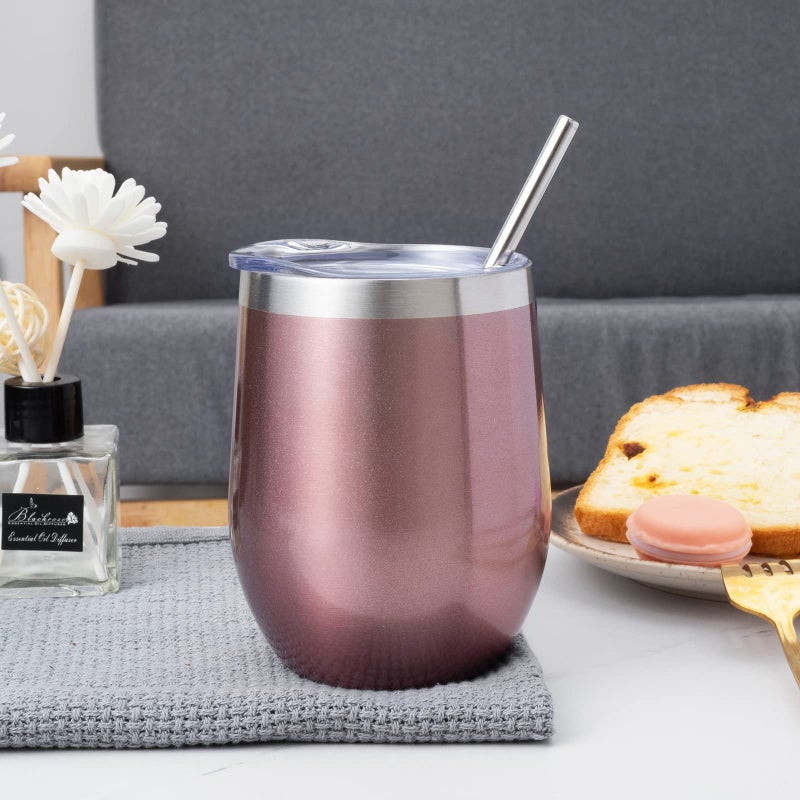 Fristchoice 12 Oz Insulated Wine Tumbler With Lid And Straw Stainless Steel Stemless Wine Tumbler Glasses Double Wall Vacuum Wine Cups Tumbler Bulk For Champaign Cocktail Office(Rose Gold 8) - Image 5