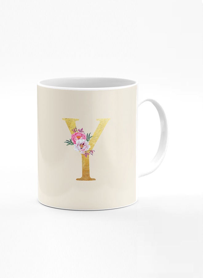 Stylizedd Designer Printed Coffee Mug 11oz Ceramic Personalised Gift Mugs Cup -Custom Monogram Initial Letter Floral Pattern Alphabet - Y (Albescent White) - Image 1