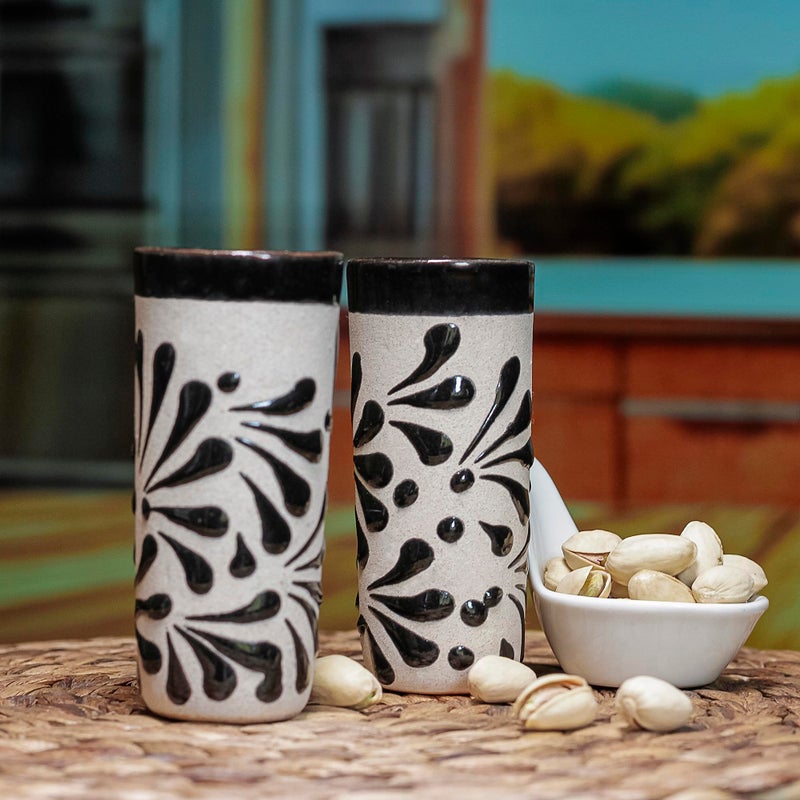 MEXTEQUIL - Handcrafted Ceramic Shot Glasses, White Floral Pattern, Terracotta Interior, Set of 4, Traditional Mexican Design (Black Floral Pattern) - Image 4