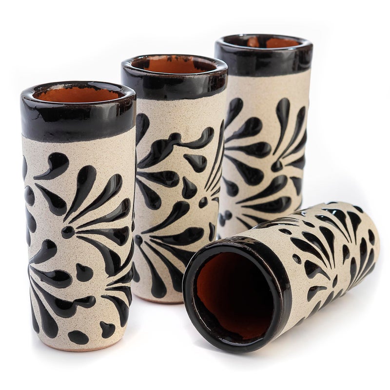 MEXTEQUIL - Handcrafted Ceramic Shot Glasses, White Floral Pattern, Terracotta Interior, Set of 4, Traditional Mexican Design (Black Floral Pattern) - Image 5