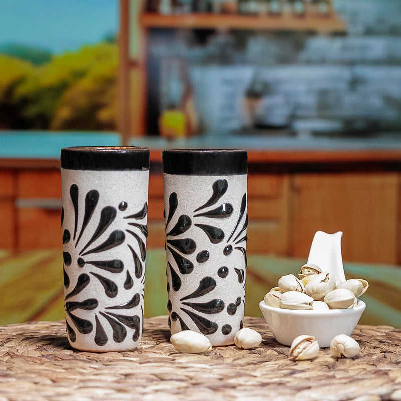 MEXTEQUIL - Handcrafted Ceramic Shot Glasses, White Floral Pattern, Terracotta Interior, Set of 4, Traditional Mexican Design (Black Floral Pattern) - Image 3