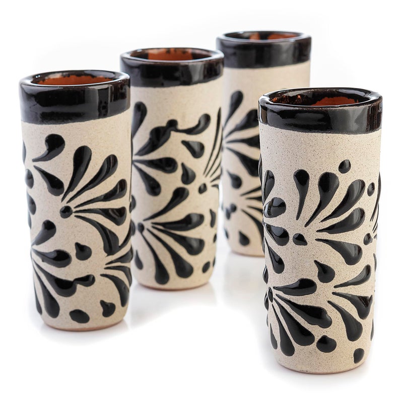 MEXTEQUIL - Handcrafted Ceramic Shot Glasses, White Floral Pattern, Terracotta Interior, Set of 4, Traditional Mexican Design (Black Floral Pattern) - Image 1
