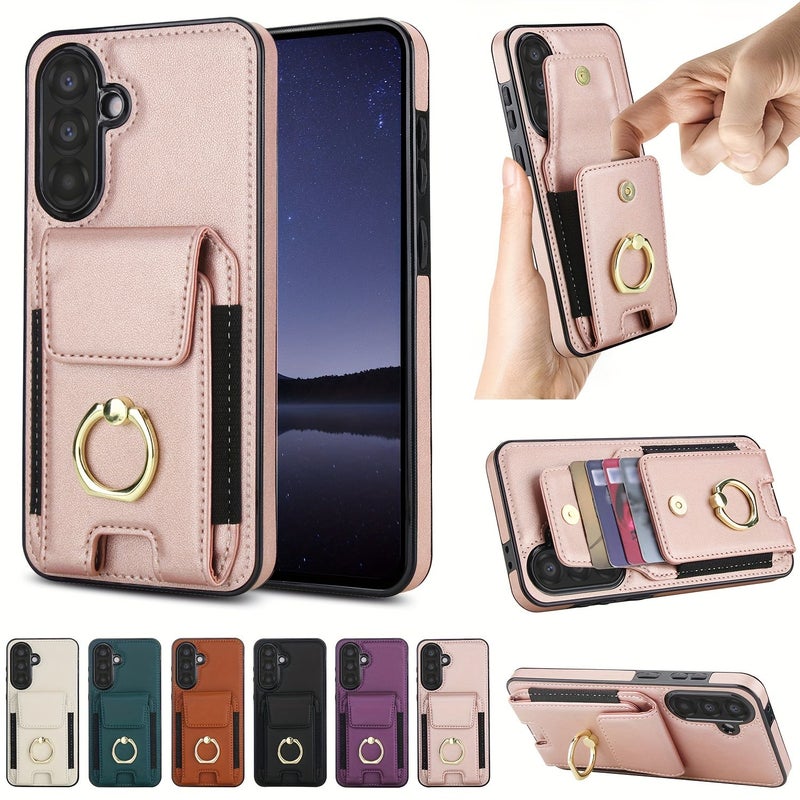 Purple Leather Wallet Case for Samsung Galaxy A55 with Card Slots Kickstand Ring Holder - Image 1