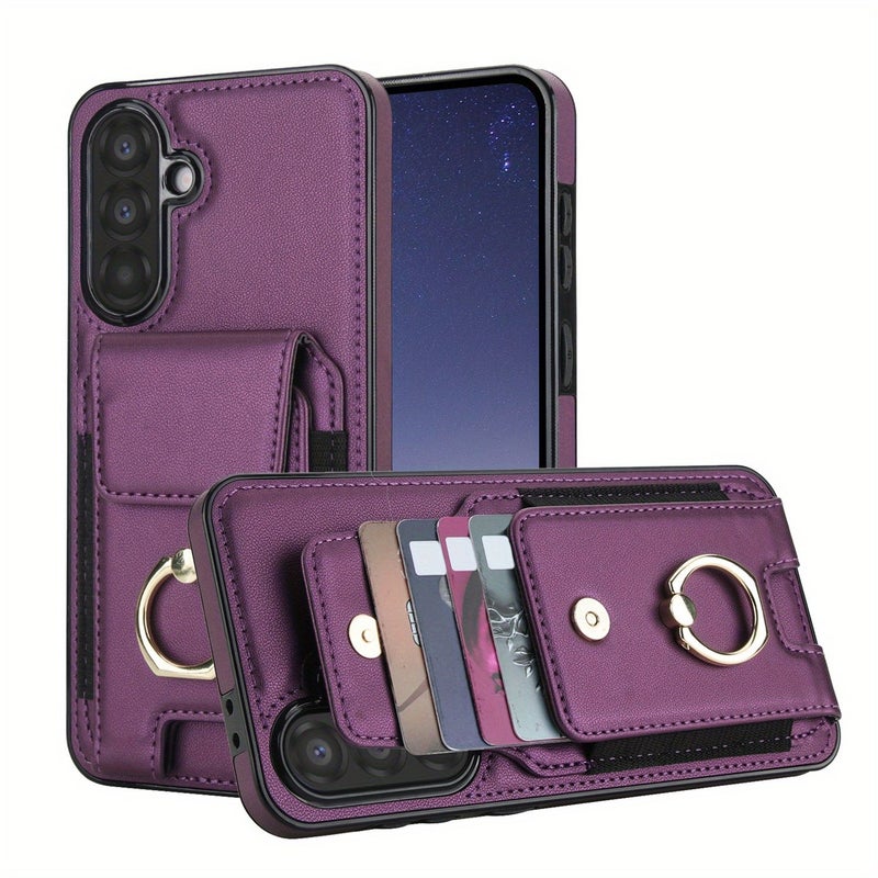 Purple Leather Wallet Case for Samsung Galaxy A55 with Card Slots Kickstand Ring Holder - Image 4