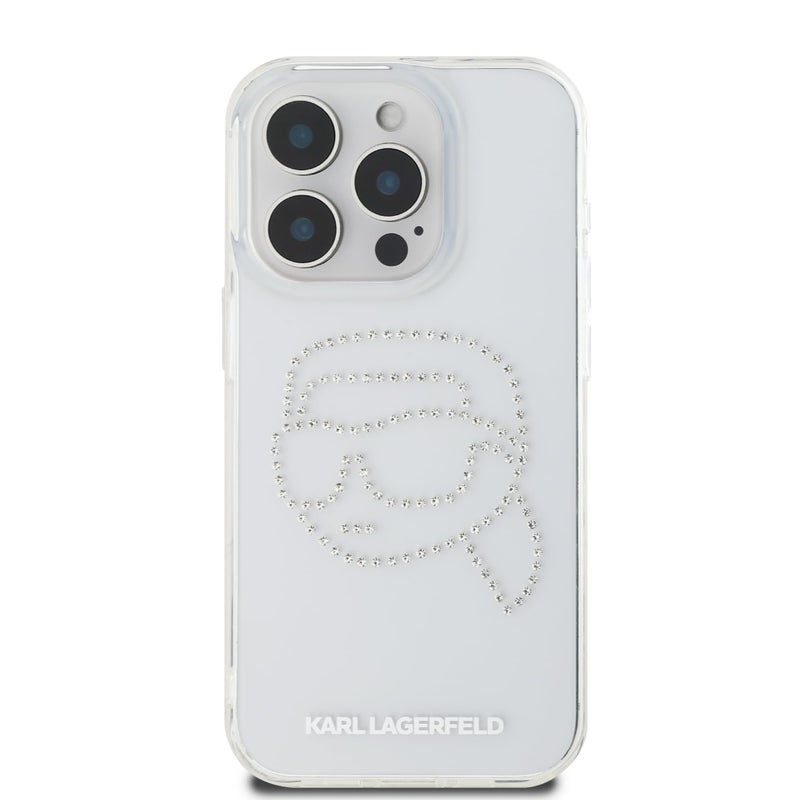 CG MOBILE Compatible with iPhone 16 Pro Karl Lagerfeld IML Hard Case with Rhinestones Karl Head Logo Damage and Scratch Protection ShockAbsorbent Precise Cutouts for Full Access Transparent