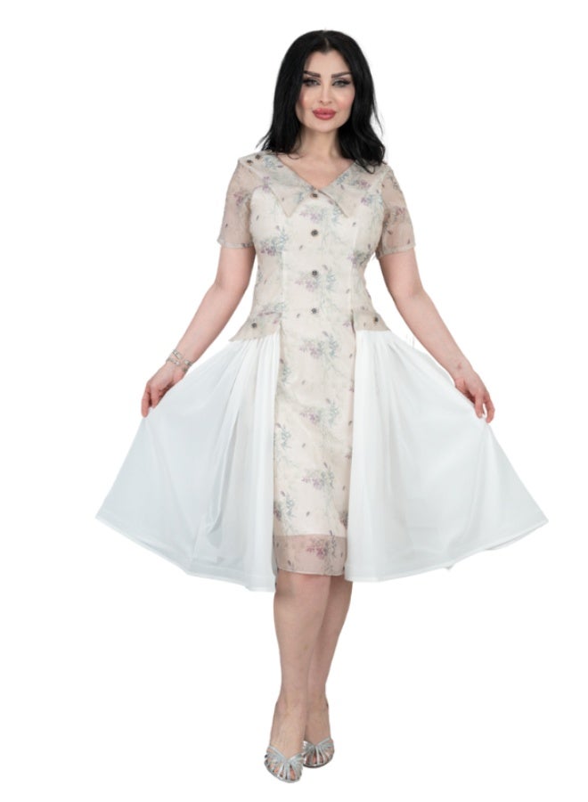 The Dreamy Dancing Horse Dress Elegant V-Neck Floral Dress with Flowing Chiffon Panels  - Image 1
