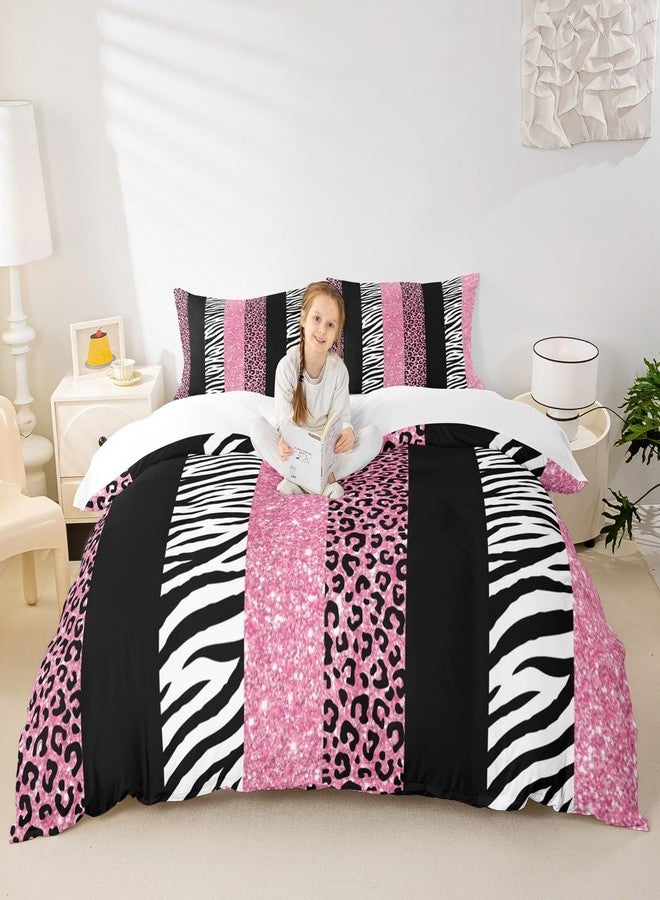 Homewish Leopard Kids Duvet Cover Set Queen Size,Glitter Cheetah Zebra Animals Skin Bedding Set,Girls Women Room Decor,Geometric Stripes Patchwork Comforter Cover,Pink Romantic Quilt Cover,2 Pillowcases - Image 1