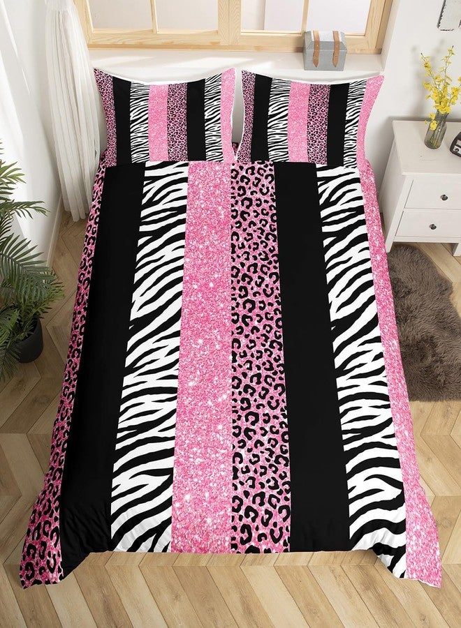 Homewish Leopard Kids Duvet Cover Set Queen Size,Glitter Cheetah Zebra Animals Skin Bedding Set,Girls Women Room Decor,Geometric Stripes Patchwork Comforter Cover,Pink Romantic Quilt Cover,2 Pillowcases - Image 4