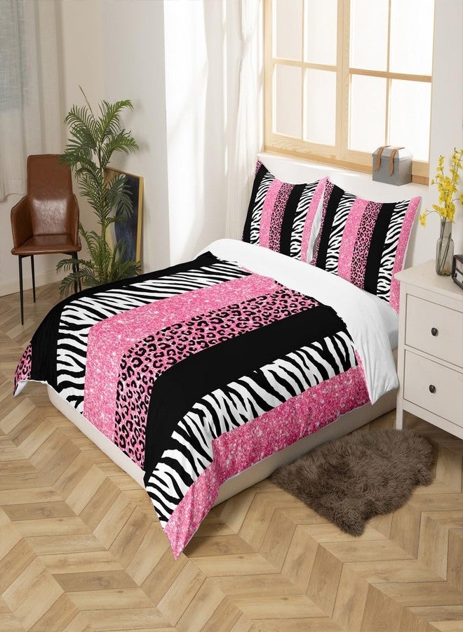 Homewish Leopard Kids Duvet Cover Set Queen Size,Glitter Cheetah Zebra Animals Skin Bedding Set,Girls Women Room Decor,Geometric Stripes Patchwork Comforter Cover,Pink Romantic Quilt Cover,2 Pillowcases - Image 5