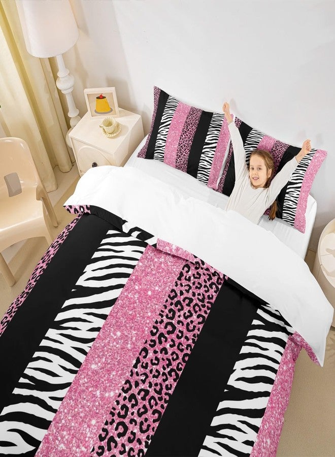 Homewish Leopard Kids Duvet Cover Set Queen Size,Glitter Cheetah Zebra Animals Skin Bedding Set,Girls Women Room Decor,Geometric Stripes Patchwork Comforter Cover,Pink Romantic Quilt Cover,2 Pillowcases - Image 3