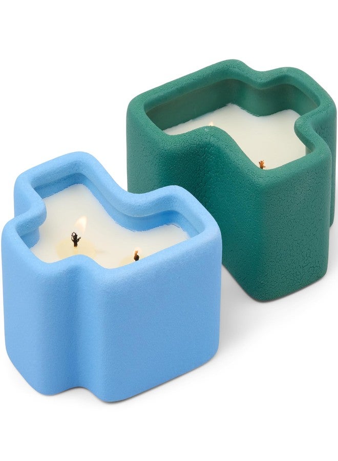 Paddywax Jigsaw Ceramic Candle Set of 2, Soy Wax Candle, Green & Blue, Wild Mint & Misted Lime, 8 oz - Image 2