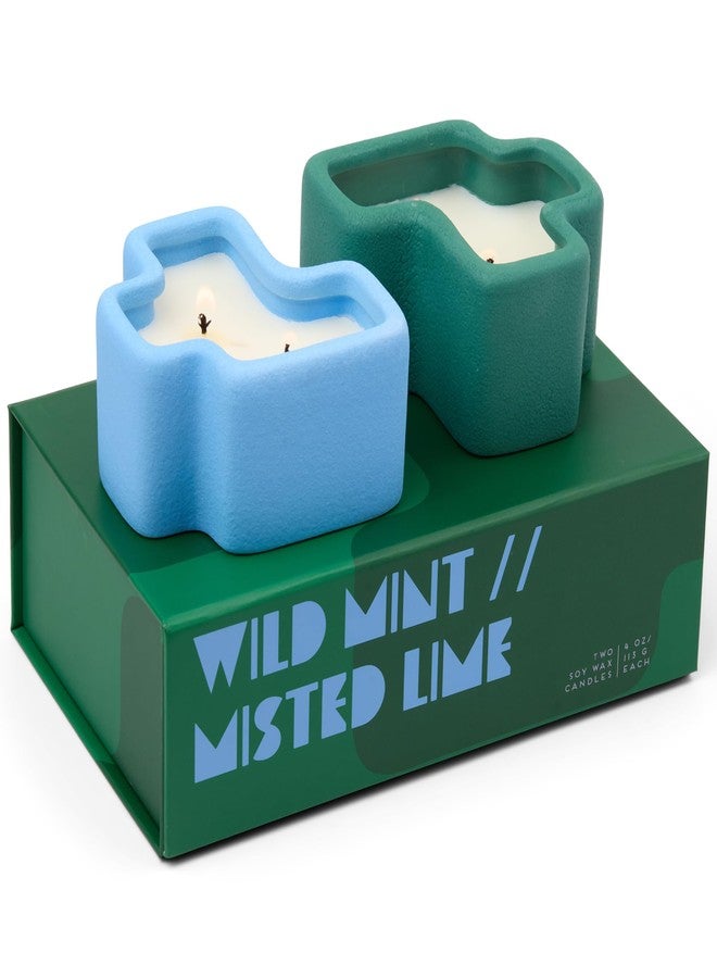 Paddywax Jigsaw Ceramic Candle Set of 2, Soy Wax Candle, Green & Blue, Wild Mint & Misted Lime, 8 oz - Image 1