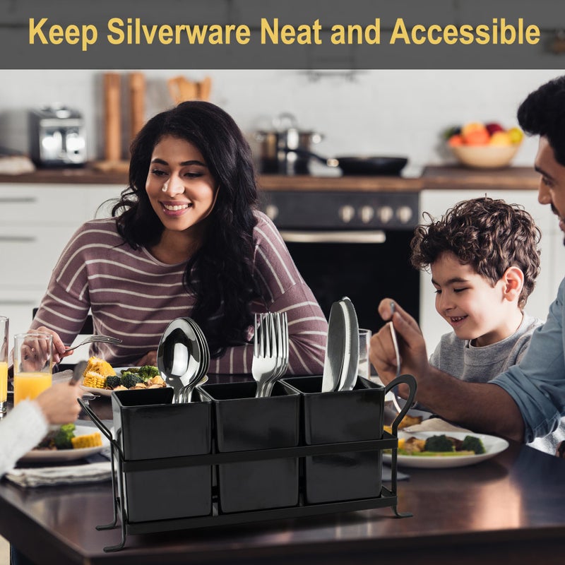 ECOIOU Cutlery Holder with Drain Holes, Dishwasher Safe Silverware Caddy for Party, Kitchen Counter, 3pcs Bins Set Countertop Utensil Holder for Spoons, Forks and Knives, Black - Image 2