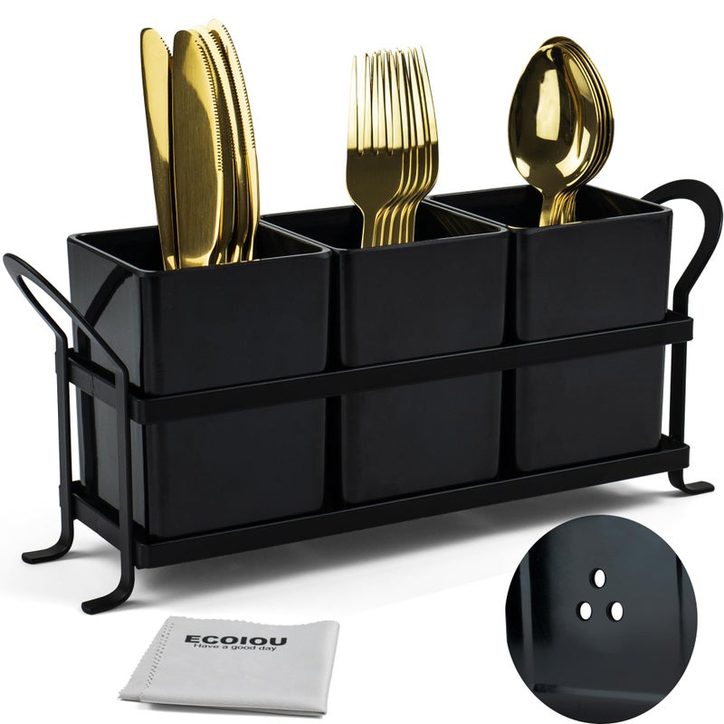ECOIOU Cutlery Holder with Drain Holes, Dishwasher Safe Silverware Caddy for Party, Kitchen Counter, 3pcs Bins Set Countertop Utensil Holder for Spoons, Forks and Knives, Black - Image 1
