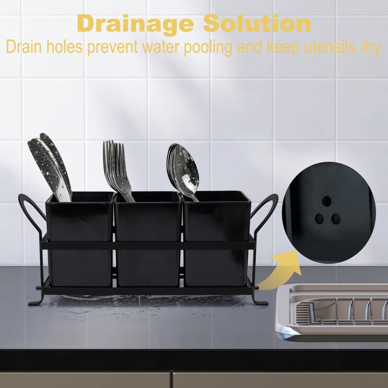 ECOIOU Cutlery Holder with Drain Holes, Dishwasher Safe Silverware Caddy for Party, Kitchen Counter, 3pcs Bins Set Countertop Utensil Holder for Spoons, Forks and Knives, Black - Image 3