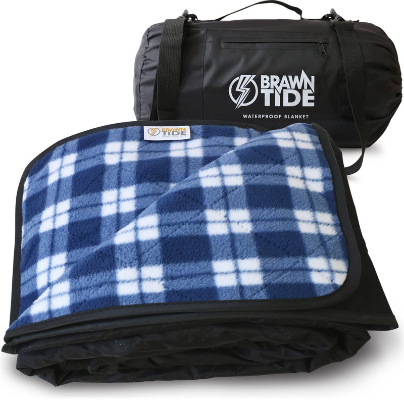 BRAWNTIDE Large Outdoor Waterproof Blanket Thick Tartan Plaid Fleece Warm Windproof Sandproof Ideal for Camping Parks Grass Hiking Travel Includes Stuff Sack Shoulder Strap Plaid Blue