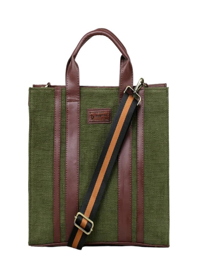 BHASTRA Book Tote Handbag - Green | Handloom Woven Cotton And Vegan Leather | Laptop | Tote Bags for Women For Office Use, Work | Ladies Stylish Shoulder Bag - Ideal For Gifting - Image 1
