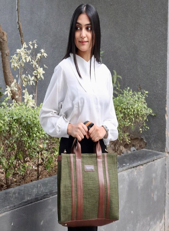 BHASTRA Book Tote Handbag - Green | Handloom Woven Cotton And Vegan Leather | Laptop | Tote Bags for Women For Office Use, Work | Ladies Stylish Shoulder Bag - Ideal For Gifting - Image 4