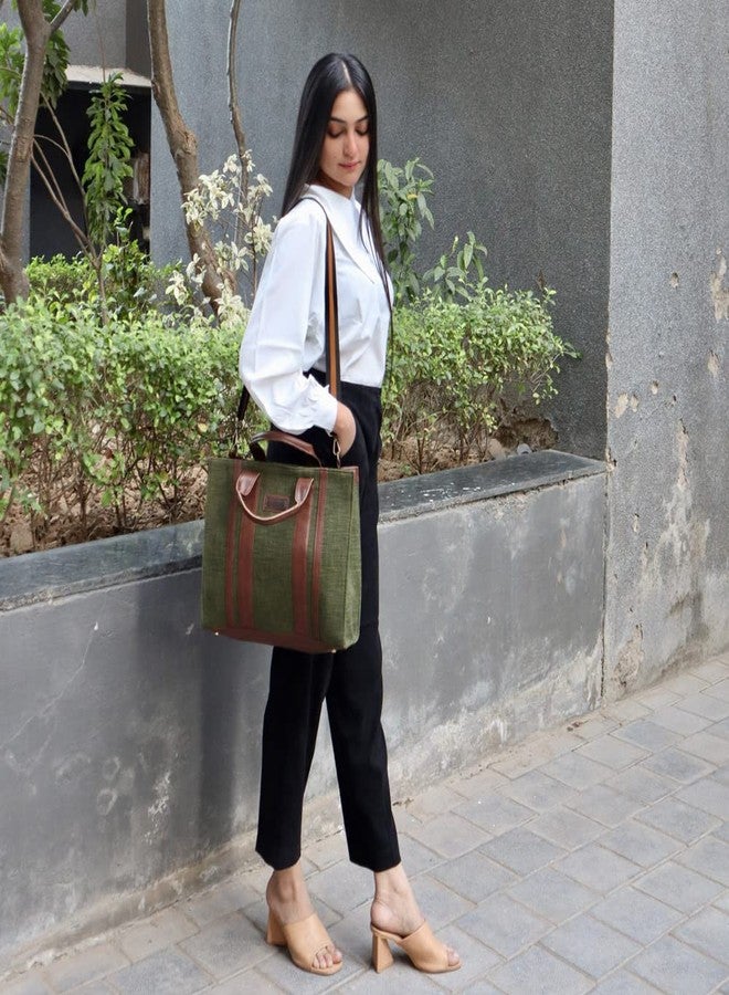 BHASTRA Book Tote Handbag - Green | Handloom Woven Cotton And Vegan Leather | Laptop | Tote Bags for Women For Office Use, Work | Ladies Stylish Shoulder Bag - Ideal For Gifting - Image 3