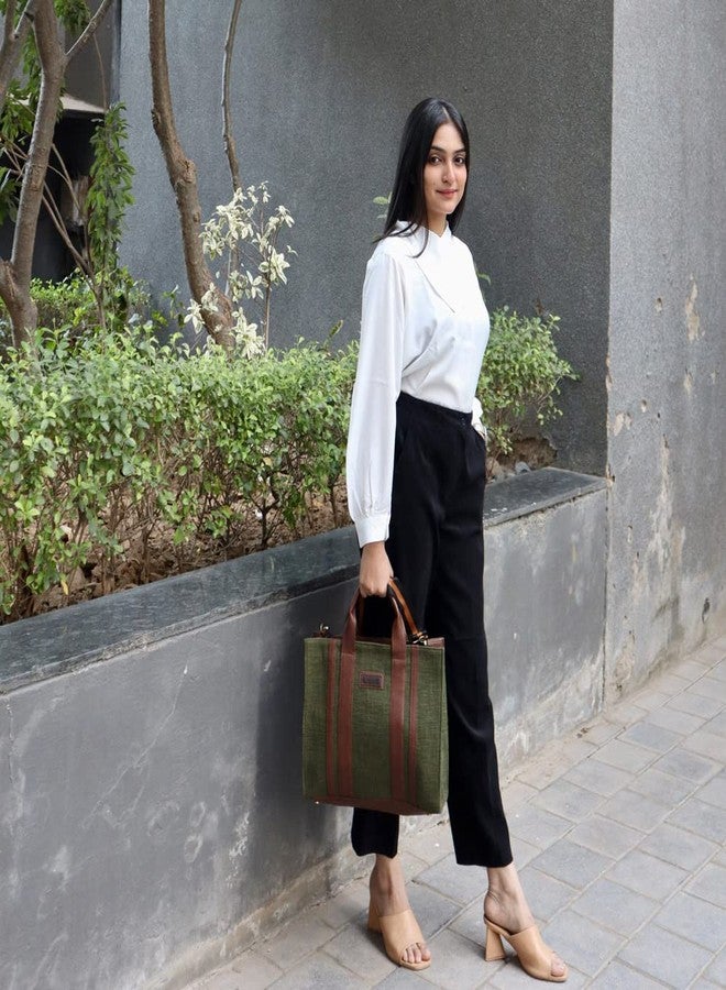 BHASTRA Book Tote Handbag - Green | Handloom Woven Cotton And Vegan Leather | Laptop | Tote Bags for Women For Office Use, Work | Ladies Stylish Shoulder Bag - Ideal For Gifting - Image 5