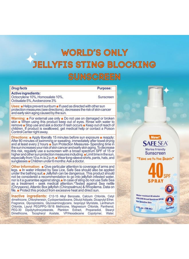 safe sea - Safe Sea Jellyfish Sting-Blocking Sunscreen, SPF 40+ Spray 4 Fl oz, Waterproof, Biodegradable, Coral Reef-Safe - Body and Face Sunscreen, Anti-Jellyfish and Sea-Lice sting protection. - Image 1