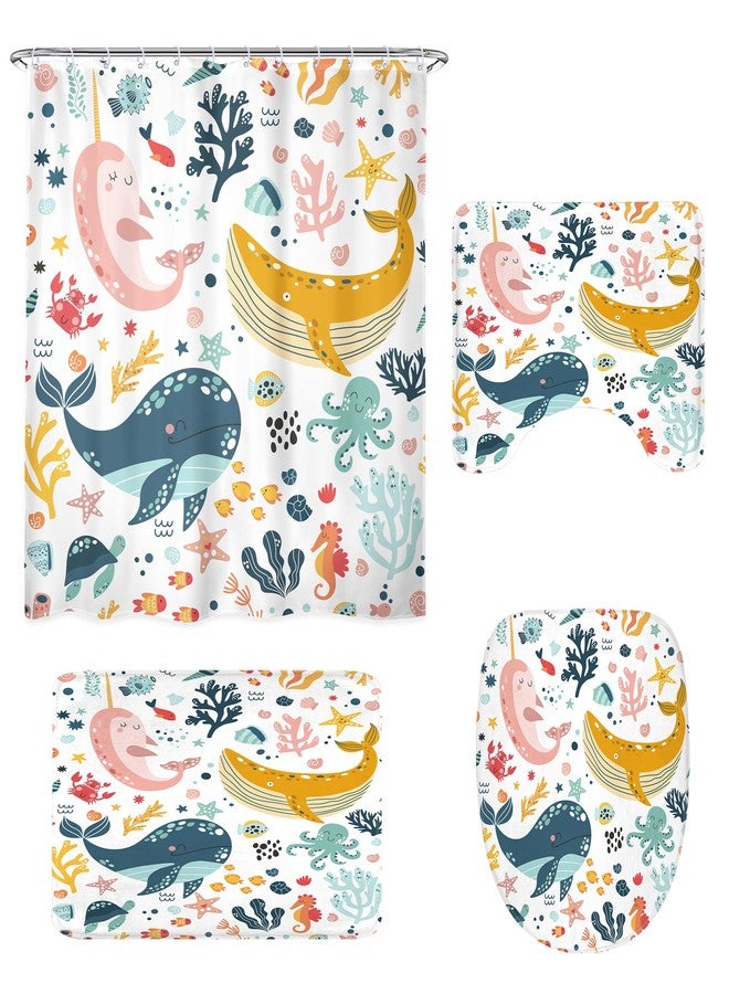 LGhtyro 4PCS Kids Whale 71Wx71H Inches Underwater Fish for Girls Ocean Sealife Shower Curtain Sets with Rugs, Toilet Lid Cover and Bath Mat, Cute Bath Accessories Art Home Decor Fabric 12 Pack Hooks - Image 2